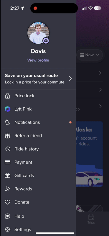 Gif image showing how to add a clipper card in the Lyft app